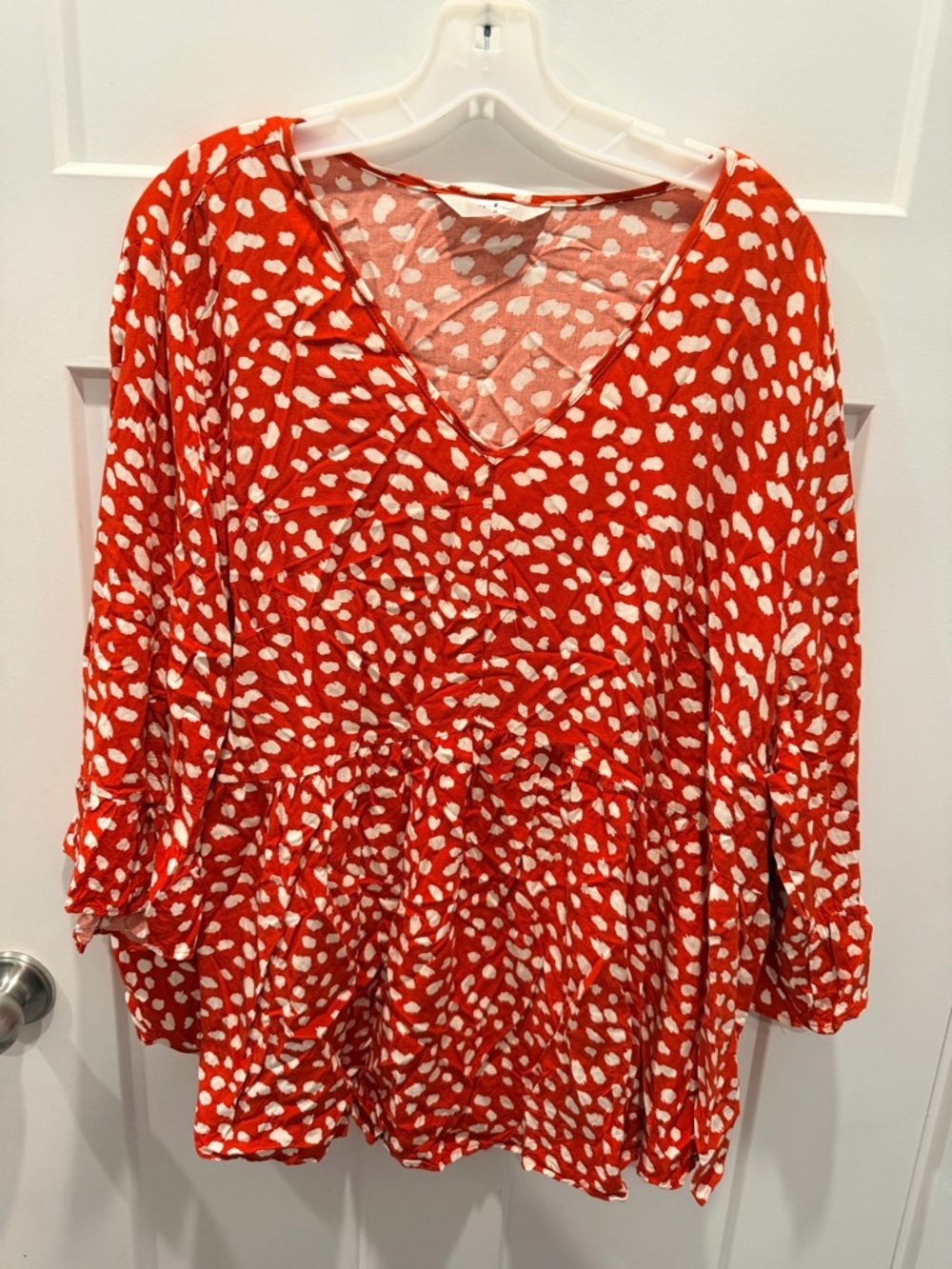 Agnes Orinda 3X Red White Print Peplum Blouse Plus Size Flowy V Neck Top